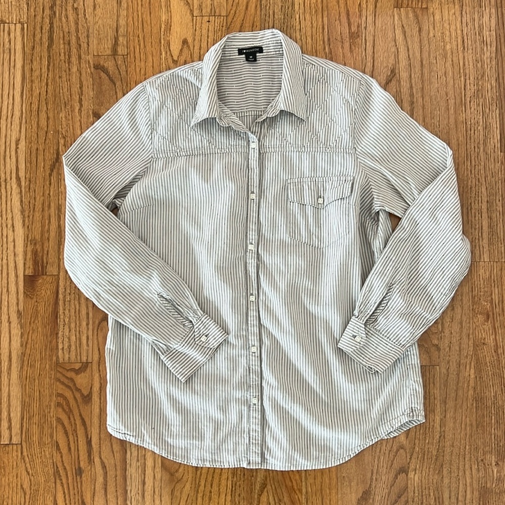 button up quilted‎ striped neutral gray ivory women medium western cowgirl